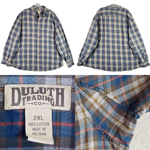 Duluth Trading Co Flannel Shirt Mens XXL Blue Plaid Long Sleeve Button Up - Picture 1 of 12